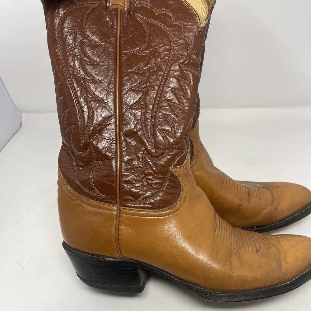 VTG Tony Lama Cowboy Boots Brown Leather Western Mens Size 10.5 D Two Tone 7145 - Picture 2 of 16